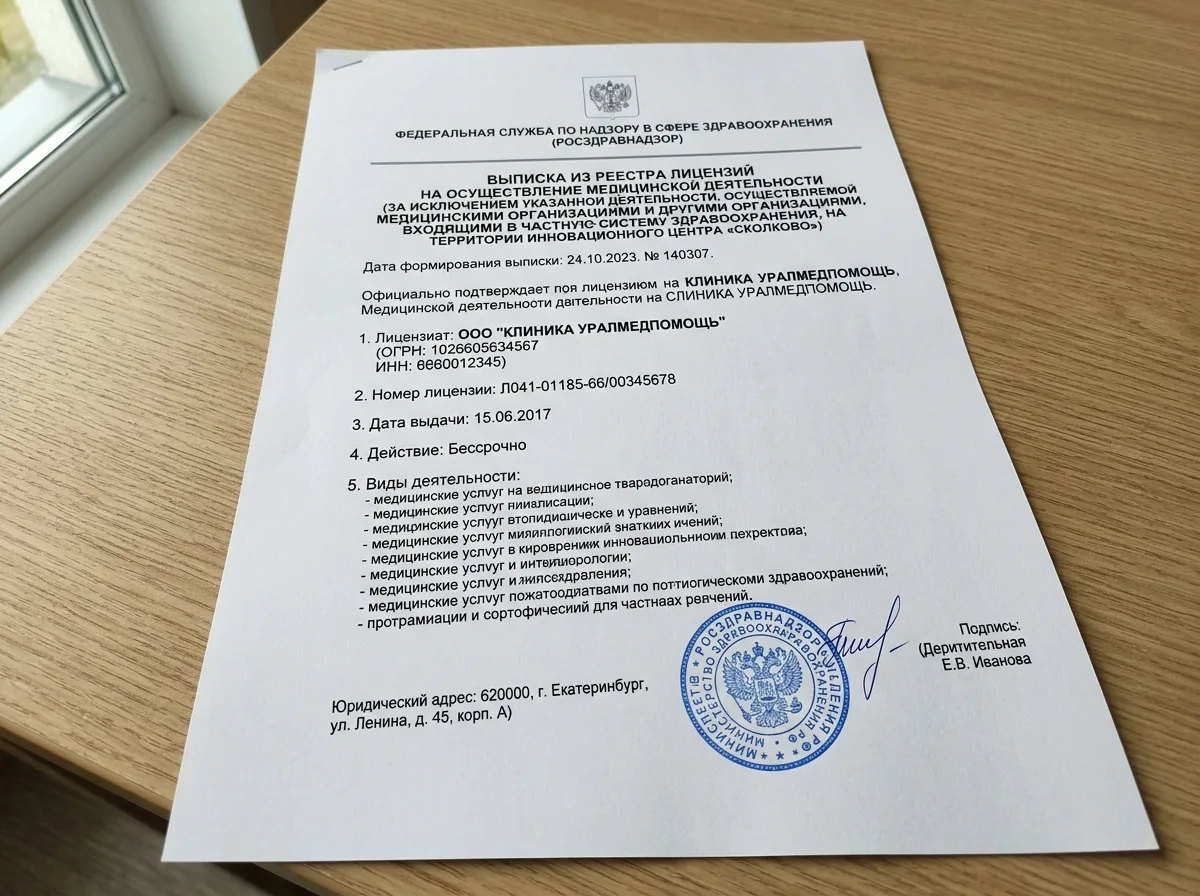 Выписка из реестра лицензий Росздравнадзора для клиники УралМедПомощь — официальный документ на белом фоне