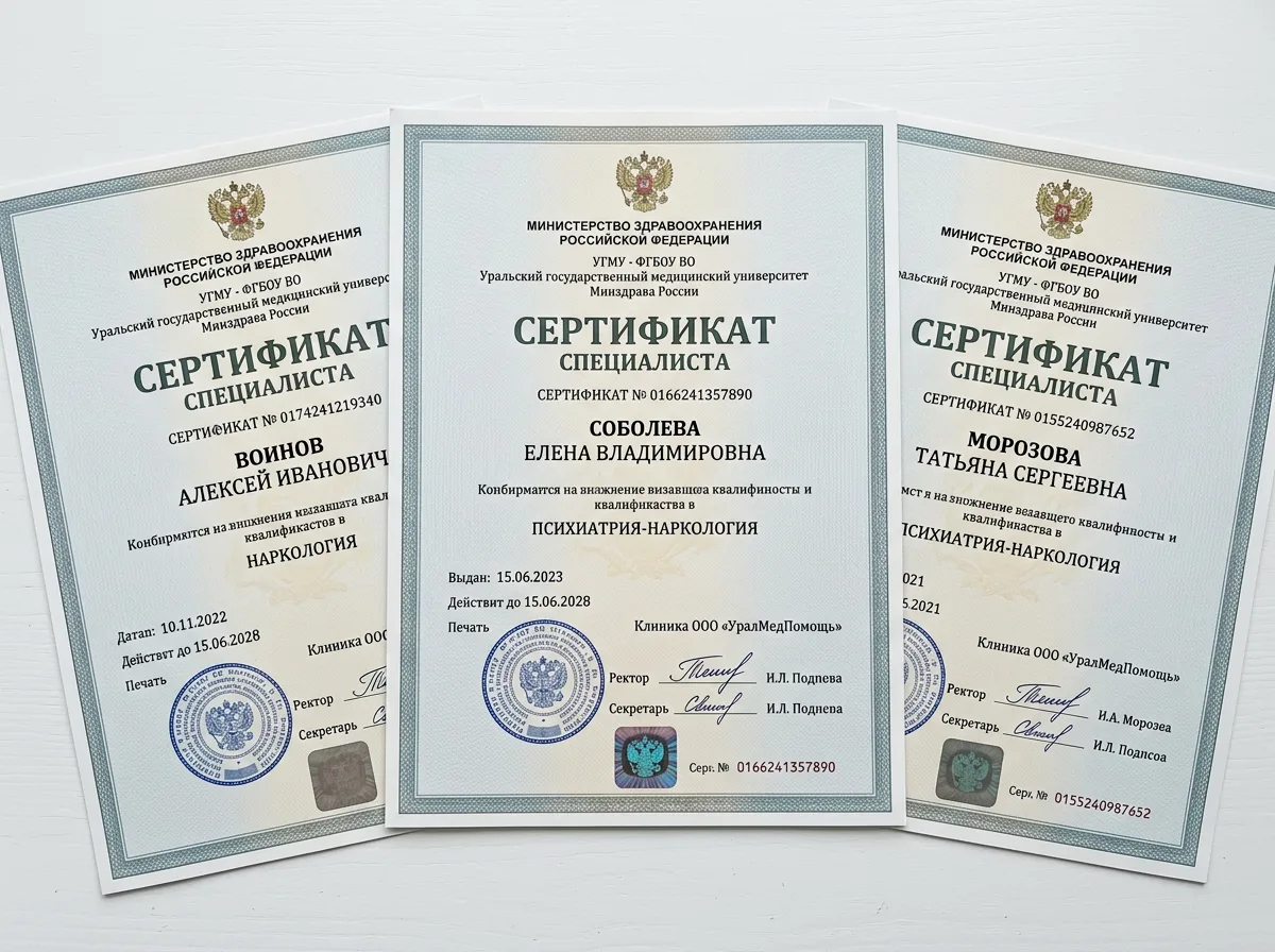 Сертификаты специалистов врачей-наркологов клиники УралМедПомощь — медицинские документы на белом фоне