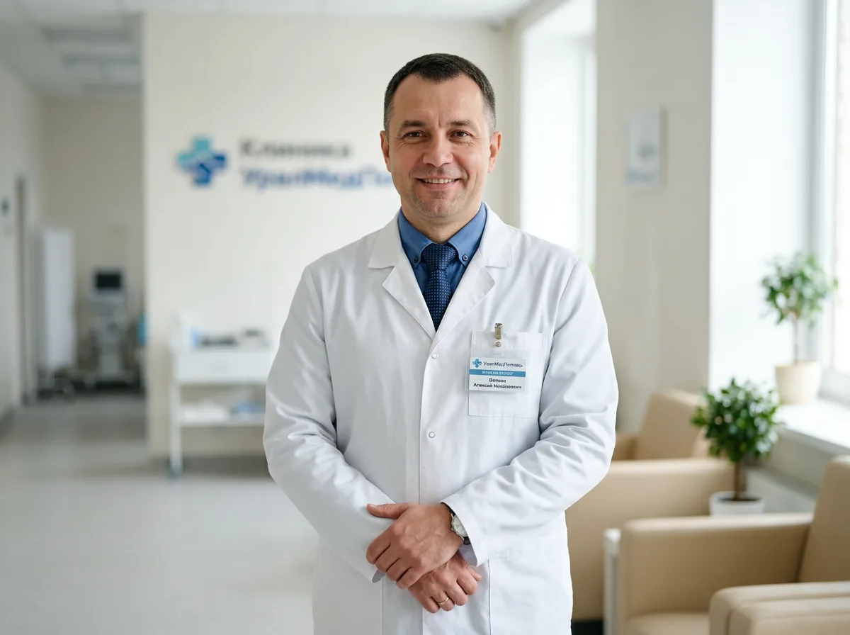 Врач-нарколог клиники УралМедПомощь, мужчина в белом халате, профессиональный портрет, светлый фон